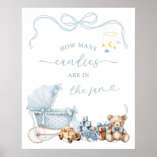 Blue Coquette Carriage Baby Shower Game Sign Poster (Voorkant)