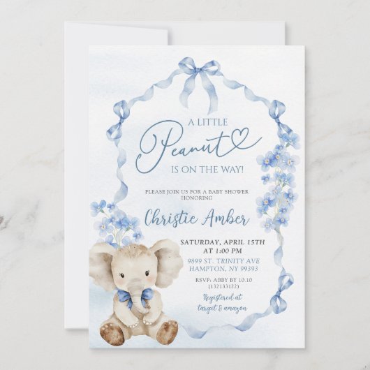 Blue Coquette Elephant Little Peanut Baby shower Kaart (Voorkant)