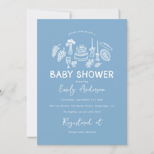 Blue coquette modern handgetekende baby shower kaart (Voorkant)