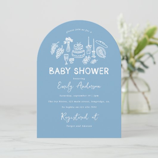 Blue coquette modern handgetekende baby shower kaart (Staand voorkant)