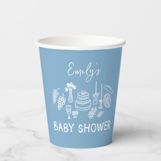 Blue coquette modern handgetekende baby shower papieren bekers (Achterkant)