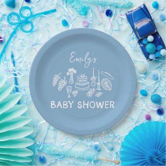 Blue coquette modern handgetekende baby shower papieren bordje (Feest)