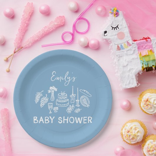 Blue coquette modern handgetekende baby shower papieren bordje (Feest)