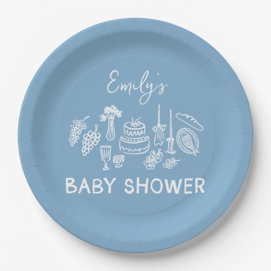 Blue coquette modern handgetekende baby shower papieren bordje (Voorkant)
