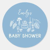 Blue coquette modern handgetekende baby shower ronde sticker (Voorkant)