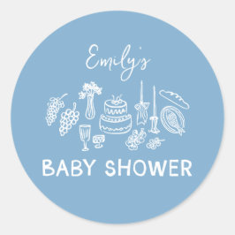 Blue coquette modern handgetekende baby shower ronde sticker