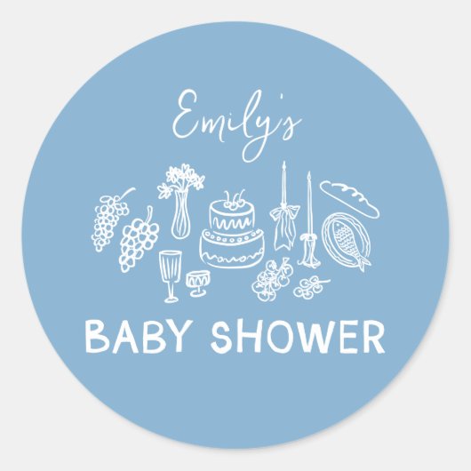 Blue coquette modern handgetekende baby shower ronde sticker (Voorkant)
