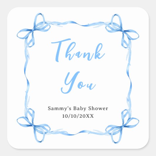 Blue Coquette Ribbon Baby shower Bedankt Vierkante Sticker (Voorkant)
