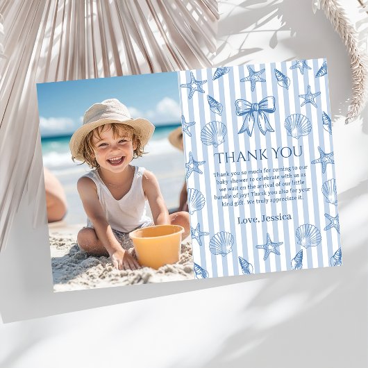 Blue Coquette Seashells Baby Shower Photo Bedankkaart