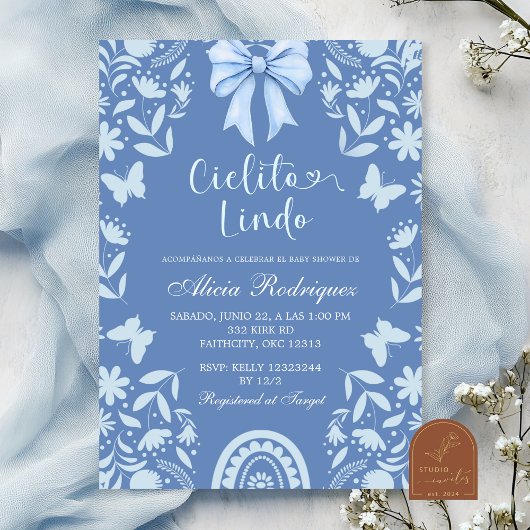 Blue Coquette Talavera Cielito Lindo Baby Shower Kaart