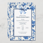 Blue Coquette Toile Bow Afstuderen Invitation Kaart (Voorkant / Achterkant)