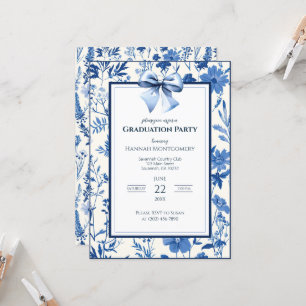 Blue Coquette Toile Bow Afstuderen Invitation Kaart