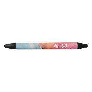 Blue Coral Alcohol Ink Swirl Persoonlijke naam Zwarte Inkt Pen