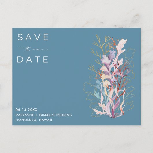 Blue Coral Beach Bruiloft Save the Date Aankondigingskaart (Voorkant)