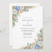 Blue Coral Bloom Flourish Wedding Kaart (Voorkant / Achterkant)
