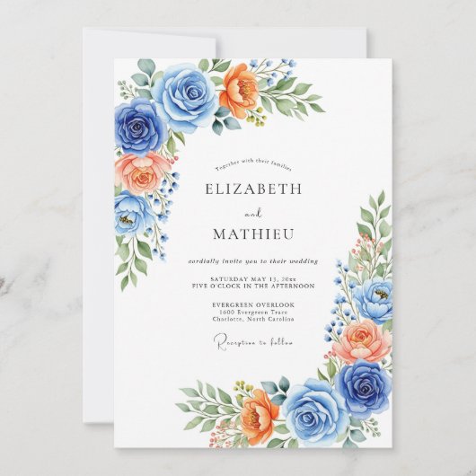 Blue Coral Botanical Romance Wedding Kaart (Voorkant)