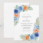 Blue Coral Botanical Romance Wedding Kaart (Voorkant / Achterkant)
