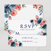Blue & Coral Bouquet Wedding RSVP Kaarten Kaartje (Voorkant / Achterkant)