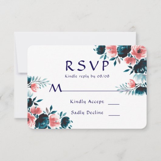 Blue & Coral Bouquet Wedding RSVP Kaarten Kaartje (Voorkant)