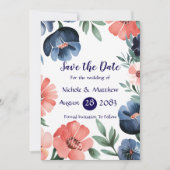 Blue & Coral Bouquet Wedding Save the Date Kaarten (Voorkant)