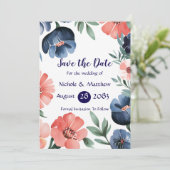 Blue & Coral Bouquet Wedding Save the Date Kaarten (Staand voorkant)