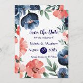 Blue & Coral Bouquet Wedding Save the Date Kaarten (Voorkant / Achterkant)
