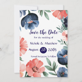 Blue & Coral Bouquet Wedding Save the Date Kaarten