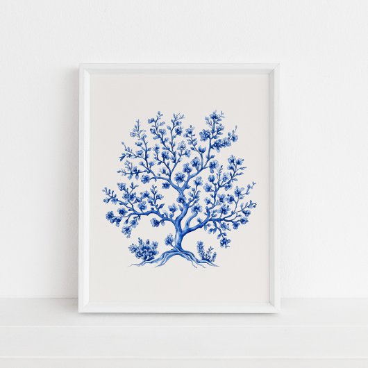 Blue Coral Branch – Coastal Blue op Beige Poster