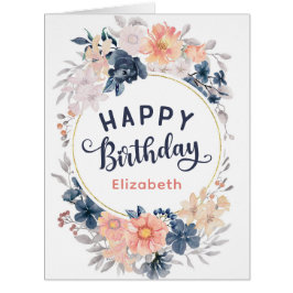 Blue Coral Chic Waterverf Floral Happy Birthday