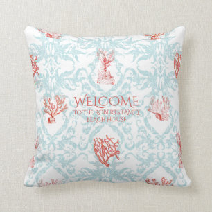 Blue Coral Damask Beach House Welcome Sign Kussen