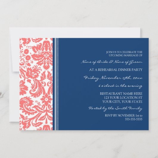 Blue Coral Damask repesal Dinner Party Kaart (Achterkant)