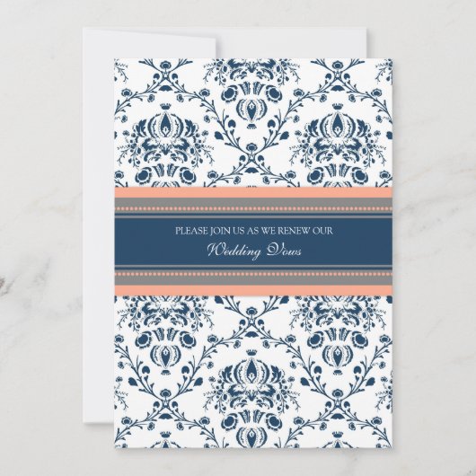 Blue Coral Damask Wedding Vow Renewal Uitnodiginge Kaart (Voorkant)