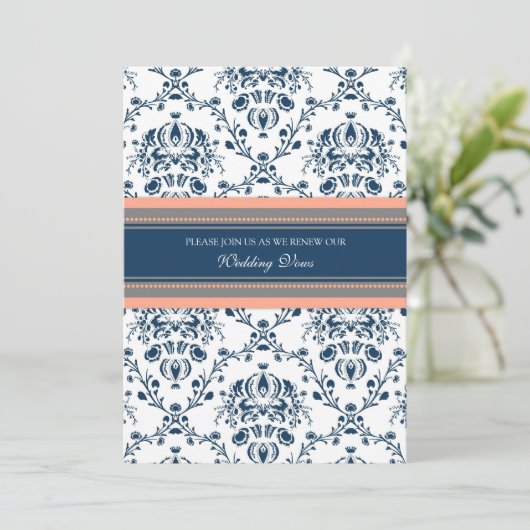 Blue Coral Damask Wedding Vow Renewal Uitnodiginge Kaart (Staand voorkant)