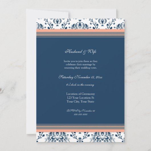 Blue Coral Damask Wedding Vow Renewal Uitnodiginge Kaart (Achterkant)