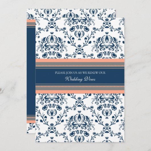 Blue Coral Damask Wedding Vow Renewal Uitnodiginge Kaart (Voorkant / Achterkant)