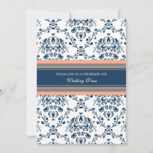 Blue Coral Damask Wedding Vow Renewal Uitnodiginge Kaart