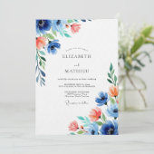 Blue Coral Floral Wedding Kaart (Staand voorkant)