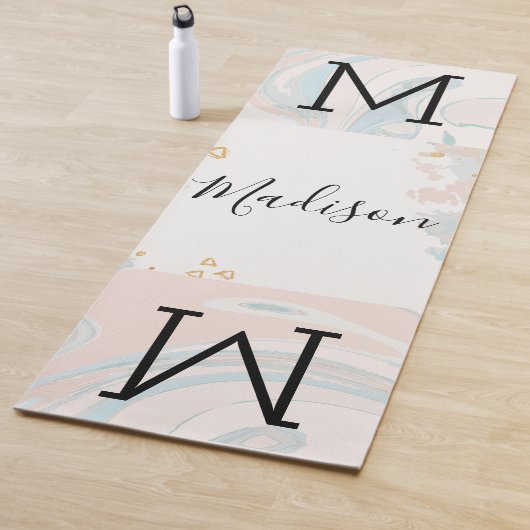 Blue Coral Marble Trendy Monogram Yoga Mat (In situ)