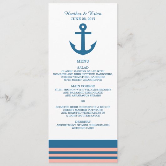 Blue Coral Nautical Anchor Wedding Menu (Voorkant)