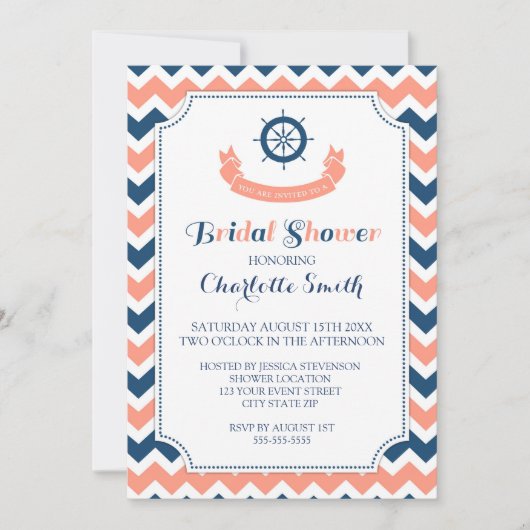 Blue Coral Nautical Bridal Shower Invitation Kaart (Voorkant)