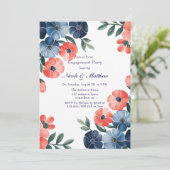 Blue & Coral Painted Boeket Engagement Party Kaart (Staand voorkant)