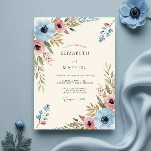 Blue Coral Painterly Bloom Wedding Kaart
