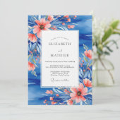 Blue Coral Painterly Botanical Wedding Kaart (Staand voorkant)