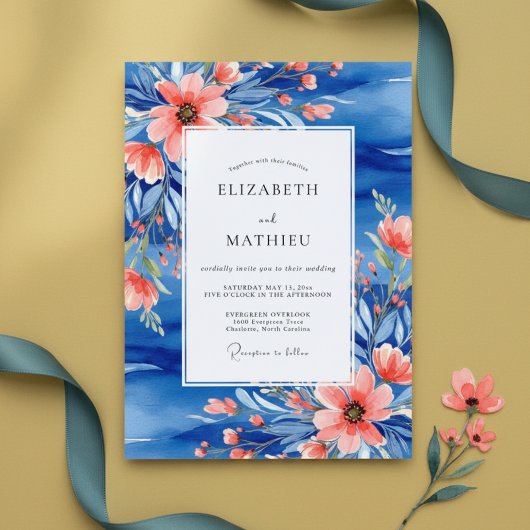 Blue Coral Painterly Botanical Wedding Kaart