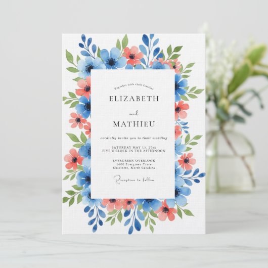 Blue Coral Painterly Floral Wedding Kaart (Staand voorkant)