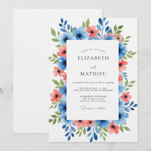 Blue Coral Painterly Floral Wedding Kaart (Voorkant / Achterkant)