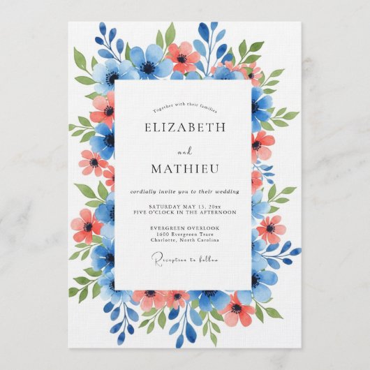 Blue Coral Painterly Floral Wedding Kaart (Voorkant)
