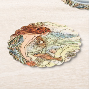 Blue Coral Peach Schattig Zeemeermin Verjaardagsfe Kartonnen Onderzetters