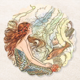 Blue Coral Peach Schattig Zeemeermin Verjaardagsfe Kartonnen Onderzetters