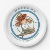 Blue Coral Peach Schattig Zeemeermin Verjaardagsfe Papieren Bordje (Voorkant)